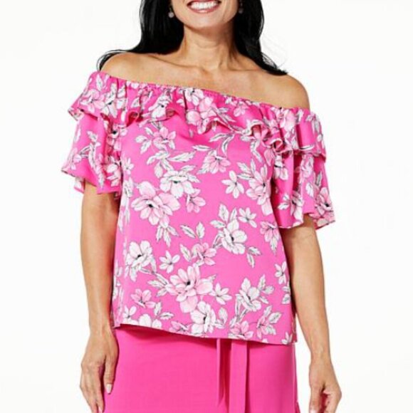 C. Wonder Tops - C Wonder Black White Floral Off Shoulder Plus Size 1X